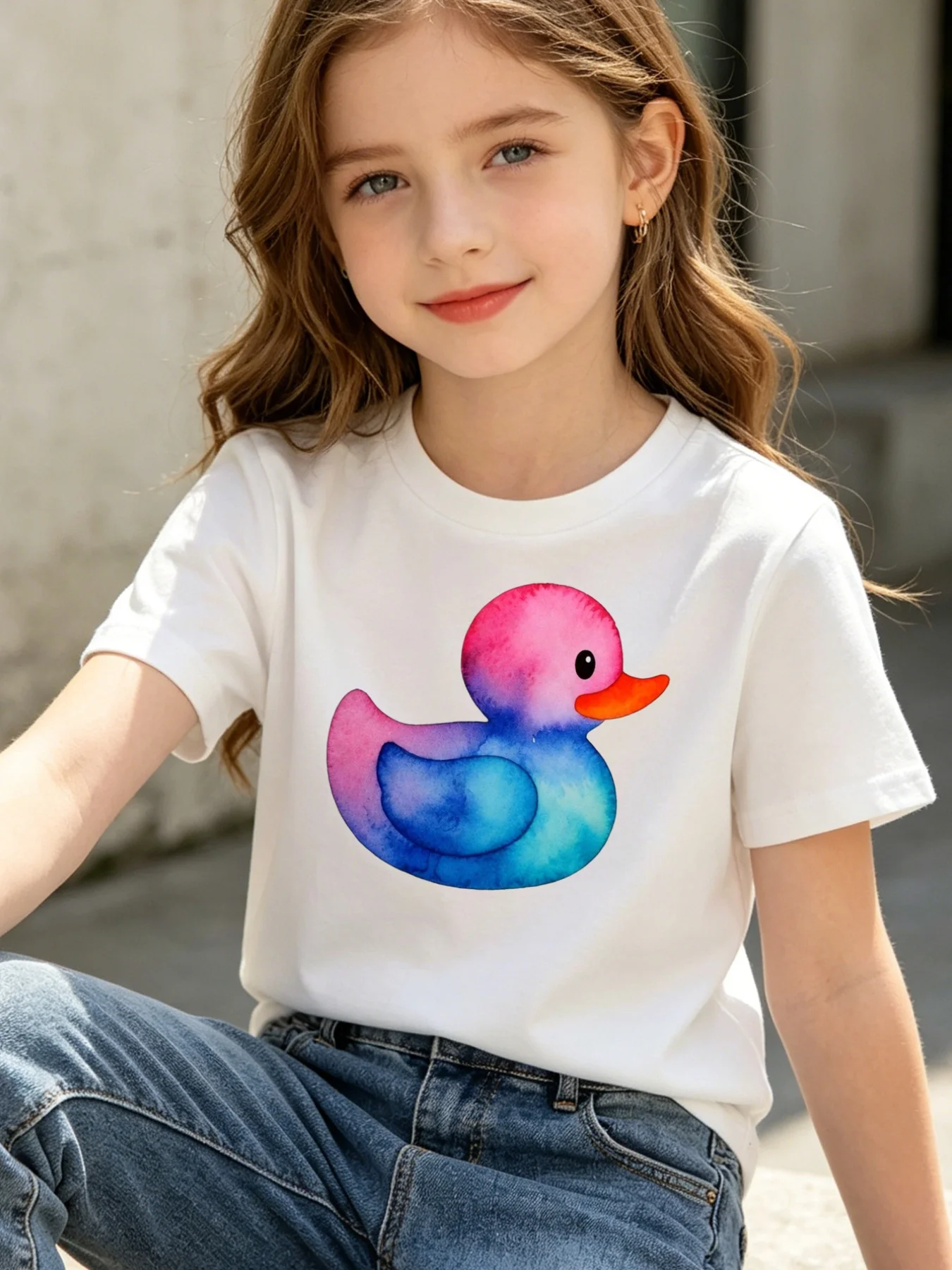 Family Match T Shirt Watercolor Rainbow Rubber Duck Print Cotton Short Sleeve Tee For Girl Boys Toddler Parent Lovely Daily Wear