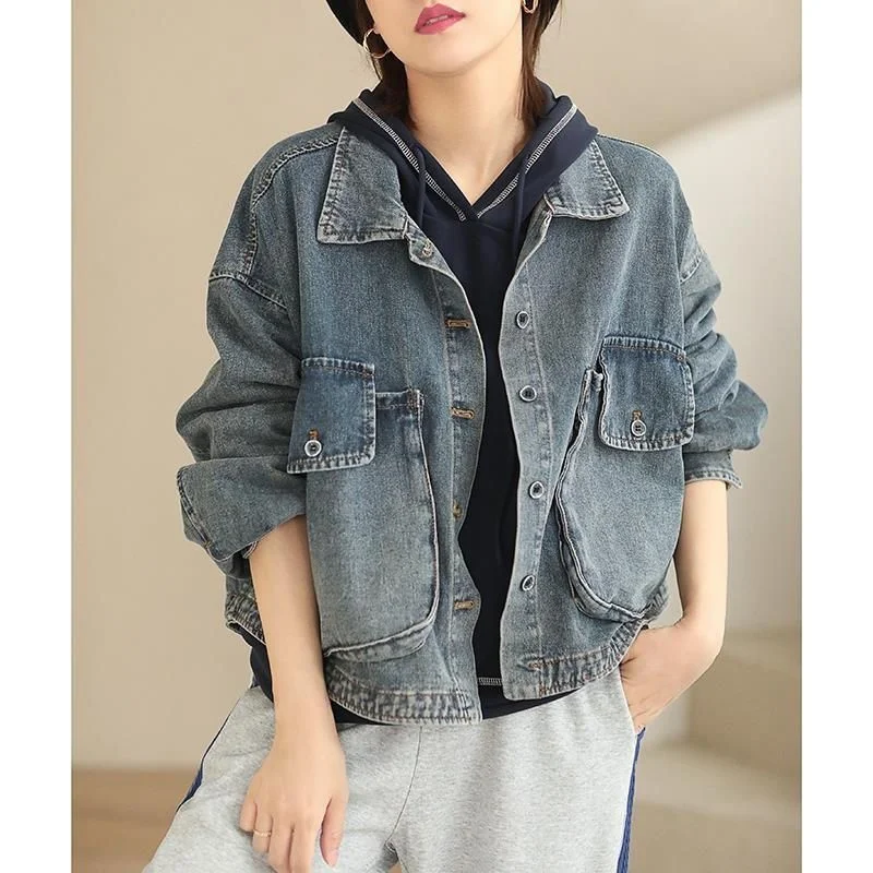 

2023 Spring Autumn New Vintage Denim Short Coat Women Turn-down Collar Long Sleeve Tops Big Pocket Loose Jacket Casual Outwear