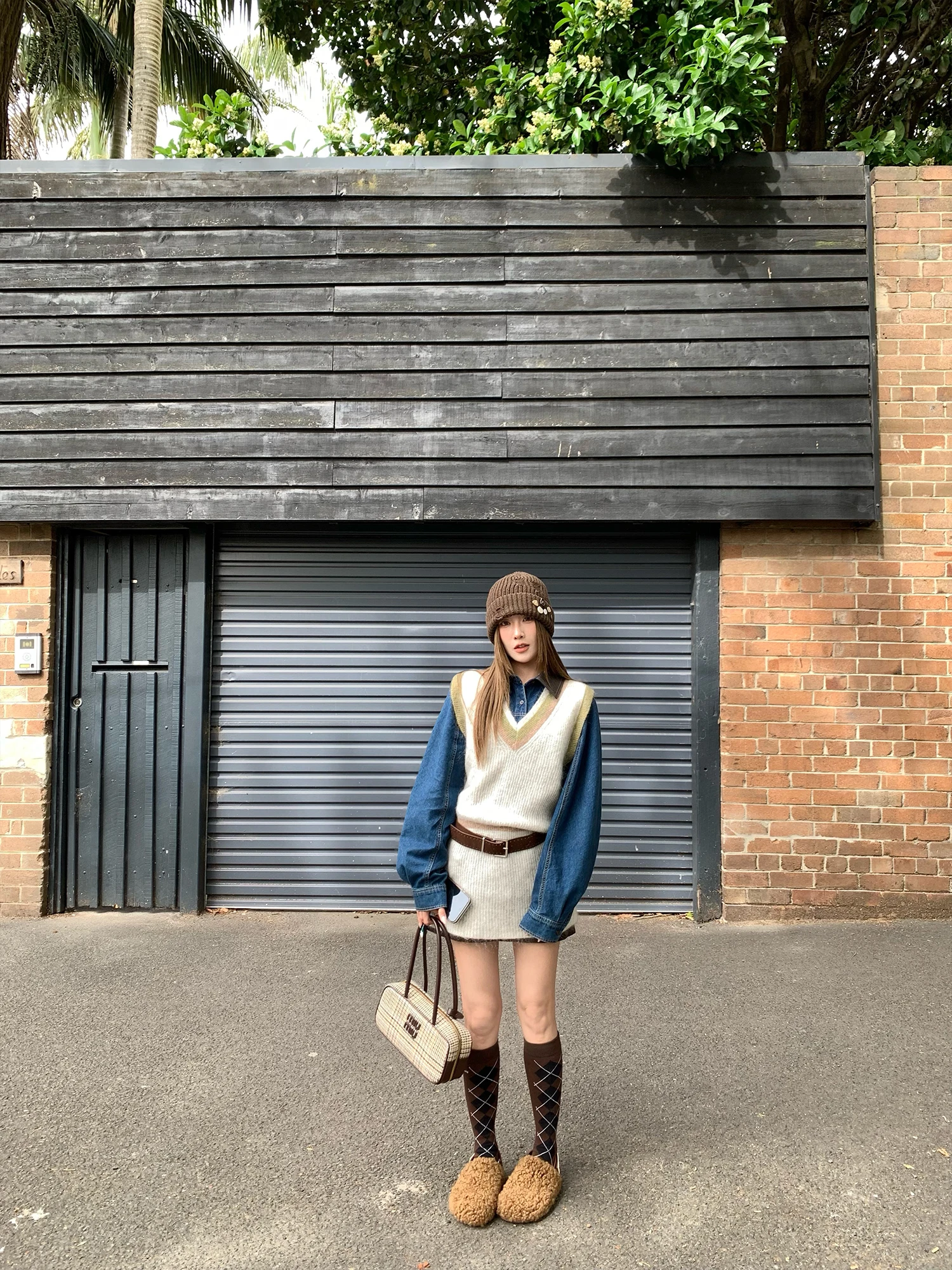 

PPLAND Denim Artist Loose Collar Patchwork Leather Collar Denim irt Women V-Ne Knitted Dr Korean Sle Commute Faion