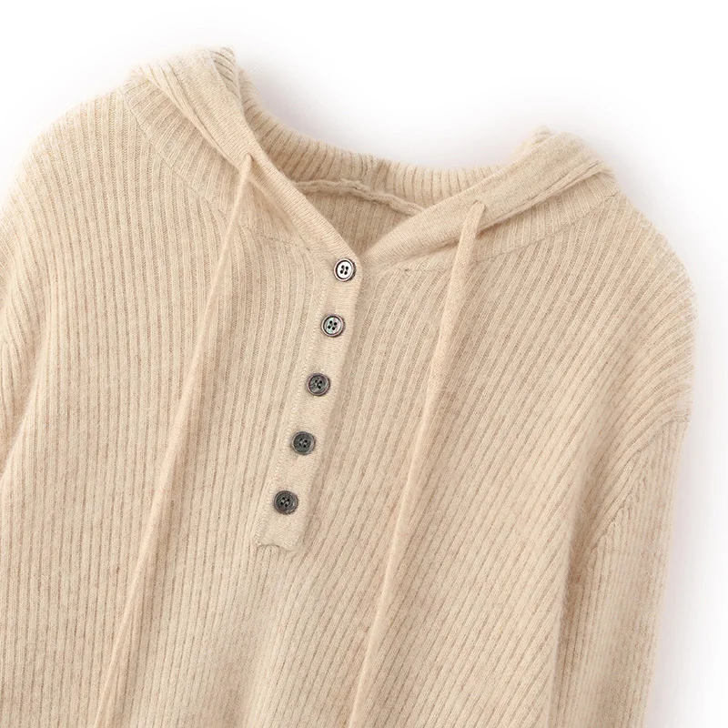 100% Mink Cashmere Hooded Sweater Autumn Winter Fashion Women Long Sleeve Solid Color Knitted Hoodies Lady Loose Drawstring Tops