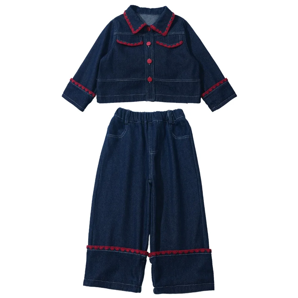 Korean Style Fashion Decorated Denim Two Piece Outfit For Little & Medium Girls, Stylish Kids Spring Autumn Casual Suit