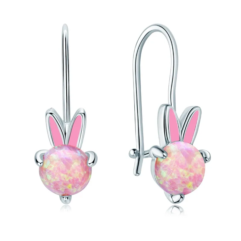 

925 Sterling Silver Cute Enamel Process Rabbit Earring 5mm Round Pink Opal Hook Ladies Earrings for Women Fine Jewelry Gift