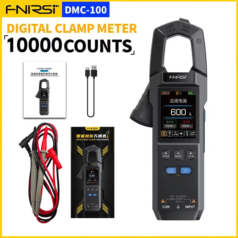

FNIRSI DMC-100 DC AC Current Voltage Clamp Meter with USB Charger 10000 Counts 600A Amperimetric Clamp Tester and NCV - E