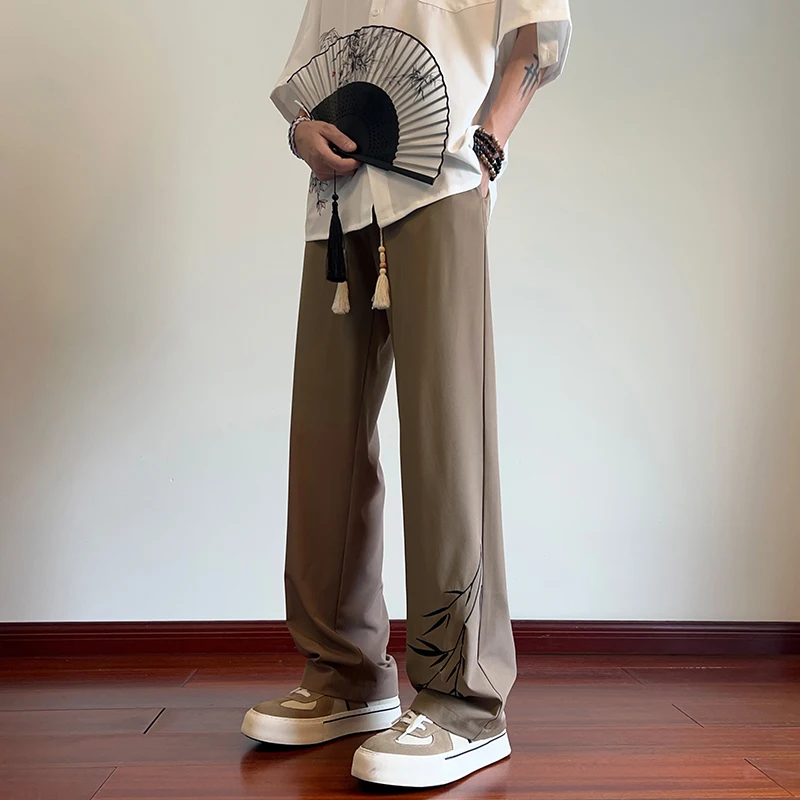 Chinese Style Summer Men's Elastic Waist Ice Silk Drawstring Embroid Fashion Simplicity Loose Casual Straight Wide Leg Trousers