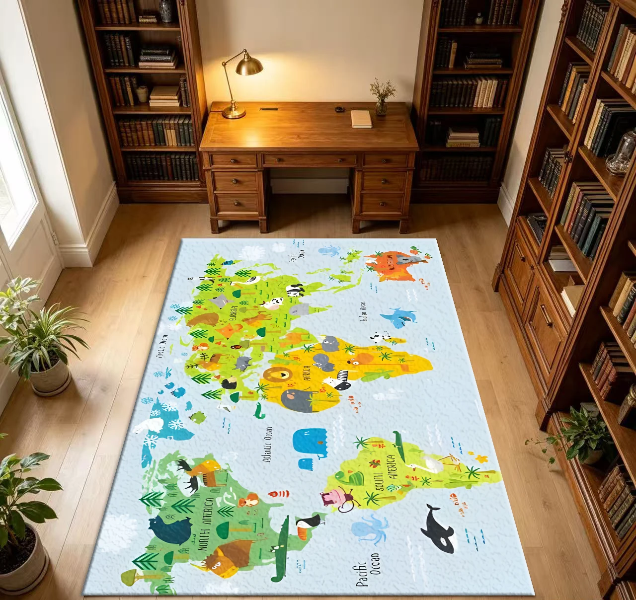 Cute Cartoon Animal World Map Kids Educational Play Home Area Rug