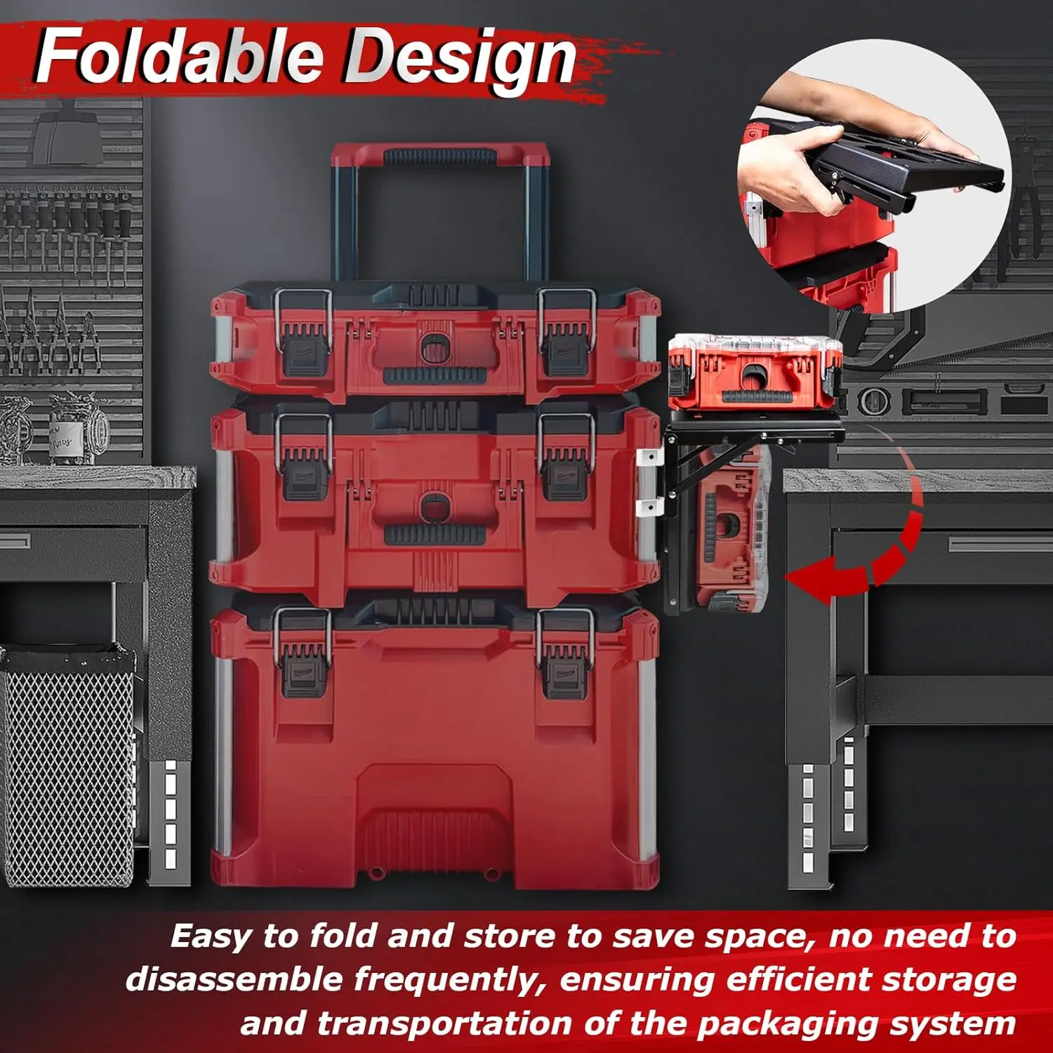 Folding Packout Mount Compatible with Mil.waukee Packout Toolbox Side Storage, Rugged All-metal Frame, Compatible with Rails-NEW