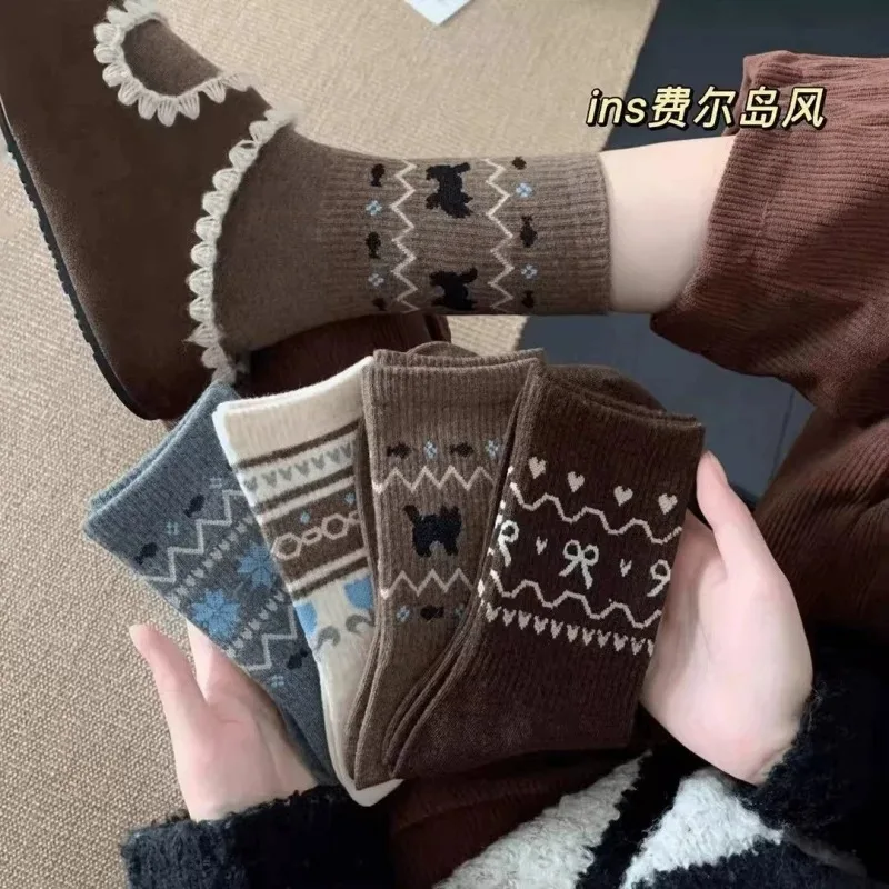 4 Paar Crew-Socken im Fair-Isle-Stil für Damen, Retro-Strick-Freizeitsocken aus Baumwolle