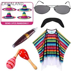 Kid Adult Mexican Costume Colorful Cloak Poncho Sombrero Hat Sunglasses Striped Cape Adults Stage Performance Carnival Party