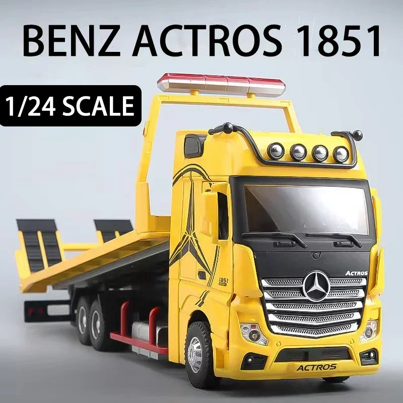 

Масштаб 1/24, большой прицеп с платформой Benz 1851, модель грузовика из сплава, литый под давлением игрушечный автомобиль, имитация звука и искусства, игрушки для детей, подарок
