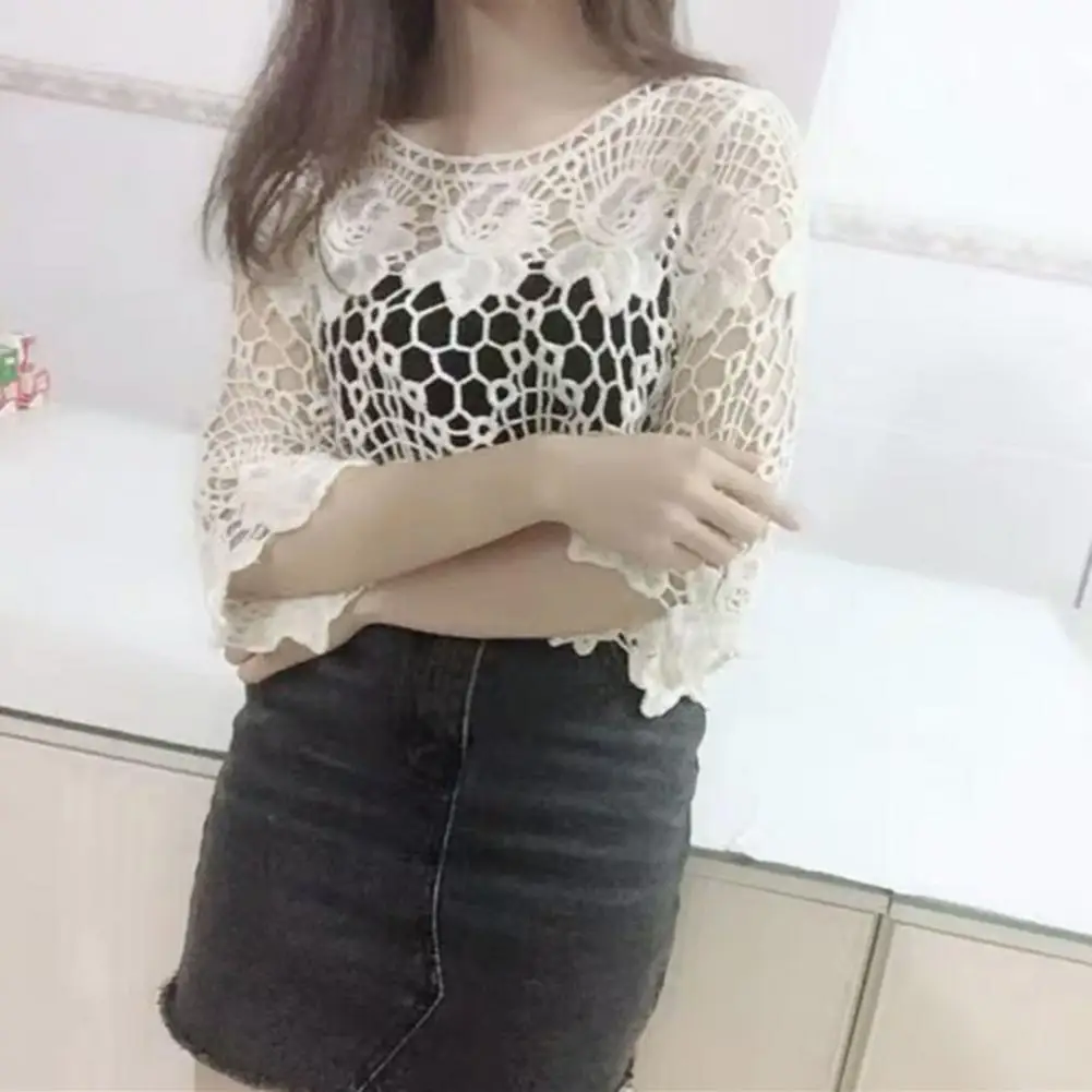 Lace Cover Up Blouse Floral Lace Cover Up Pullover Tops for Women with Hollow Out Embroidery O-neck Half Sleeve Loose Fit