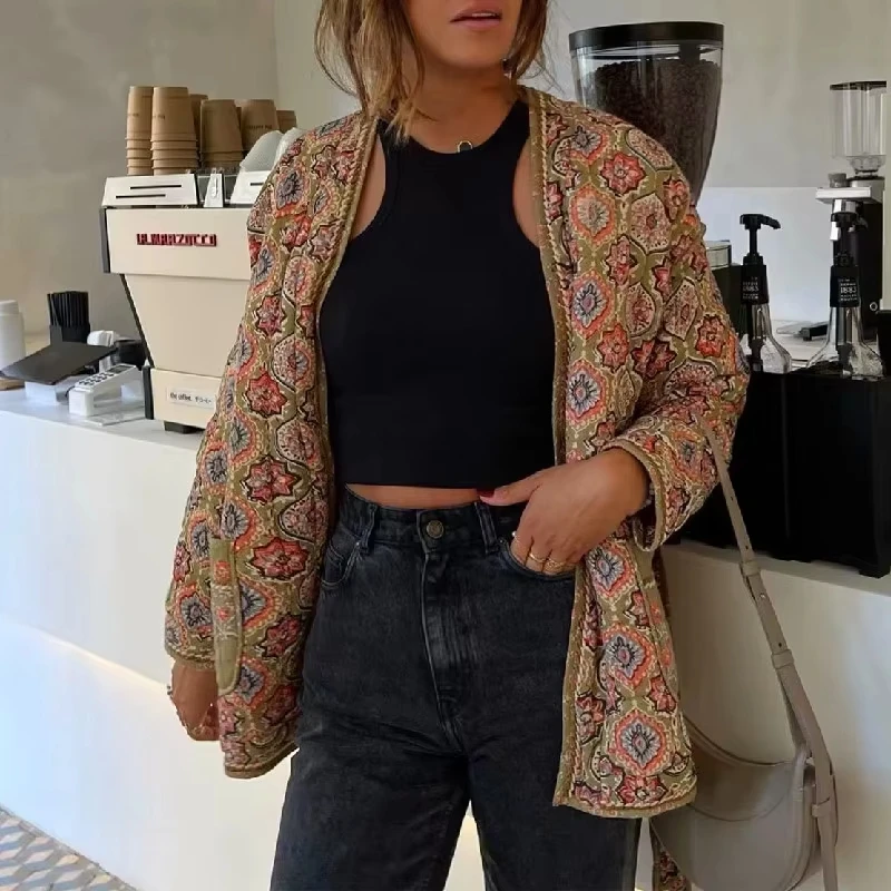 

Зимняя стеганая куртка с зеленым цветочным принтом и v-образным вырезом, этническая женская стеганая куртка с галстуком и бантом, стеганое пальто с длинными рукавами, верхняя одежда миди в стиле бохо