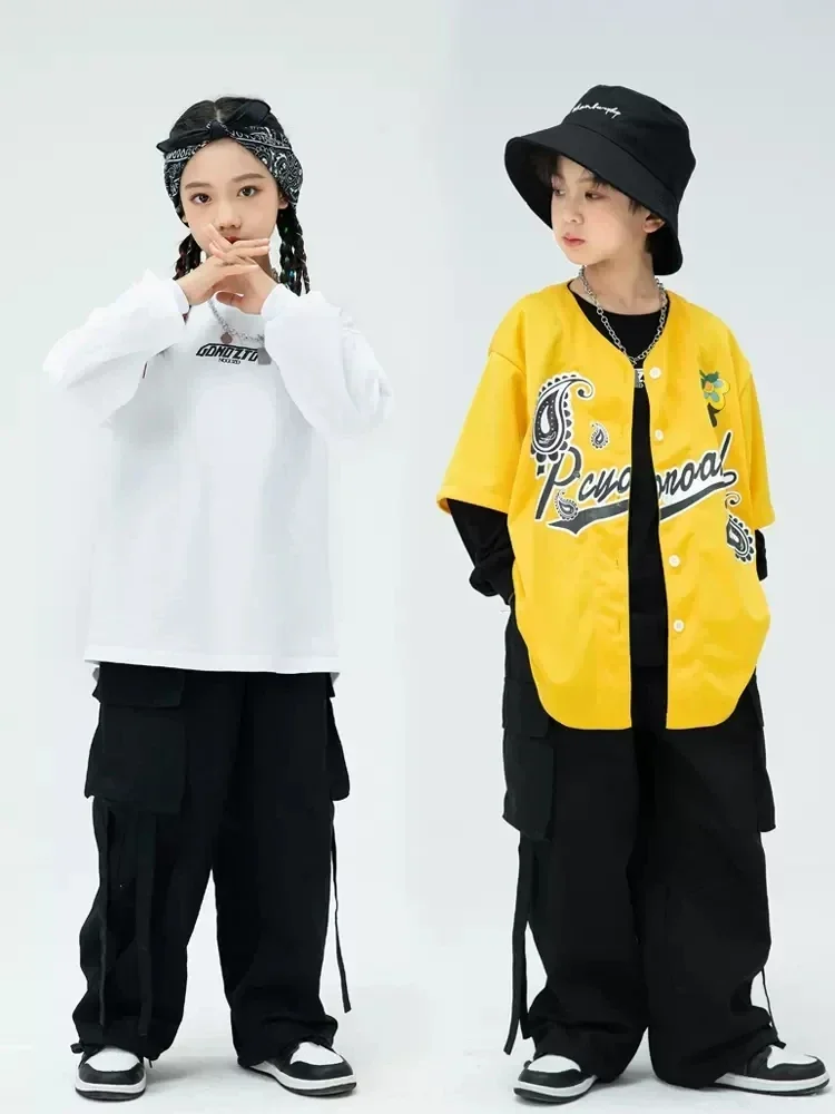 Hip Hop Streetwear Girls Jazz Dance Costume Yellow Shirt Loose Cargo Pants Kpop Outfit Boys Street Dance Practice Wear YS4569