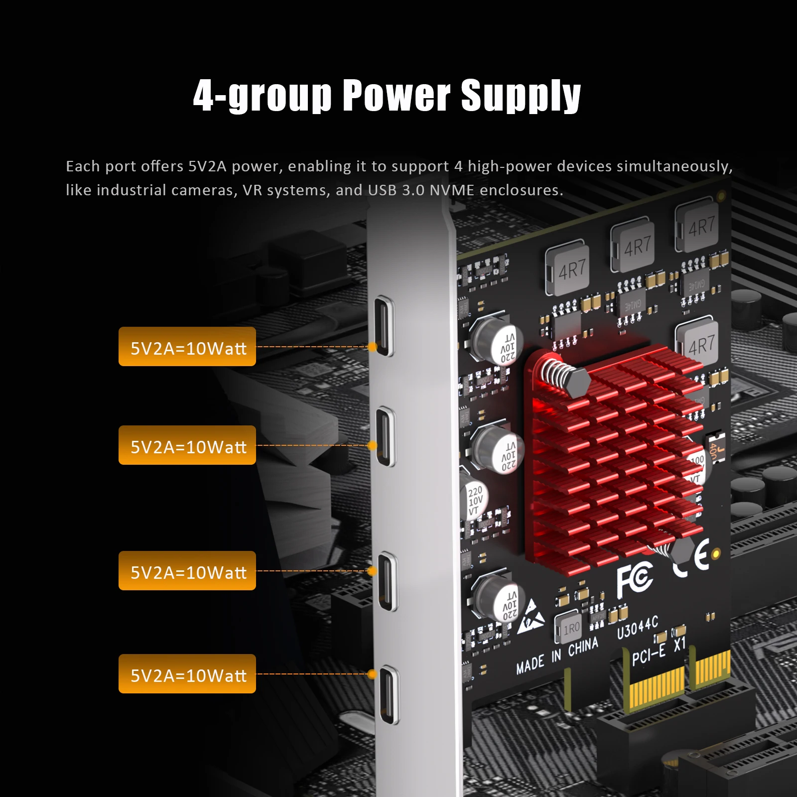 U4-Port PCIe USB Expansion Card, 4 USB-C Ports (USB 3.2 Gen 1), Compatible with Windows Linux (Not for Mac OS)