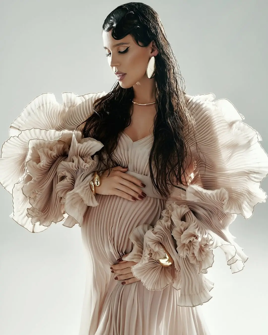 かわいいプリーツオーガンザマタニティドレス写真撮影 V ネックパフスリーブマタニティドレス платье для беременных Babyshower カスタム