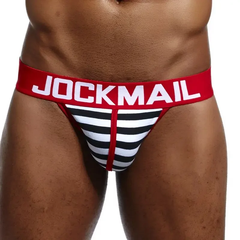 JOCKMAIL 브랜드 남성 비키니, 게이 속옷, 섹시한 스트라이프 스트링 비키니 브리프, 슬립 코튼 팬티