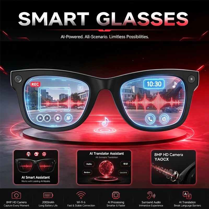 Lunettes intelligentes IA avec caméra 8MP, transmission Wi-Fi, traduction en temps réel, reconnaissance IA, étui de charge 2000 mAh, lunettes légères