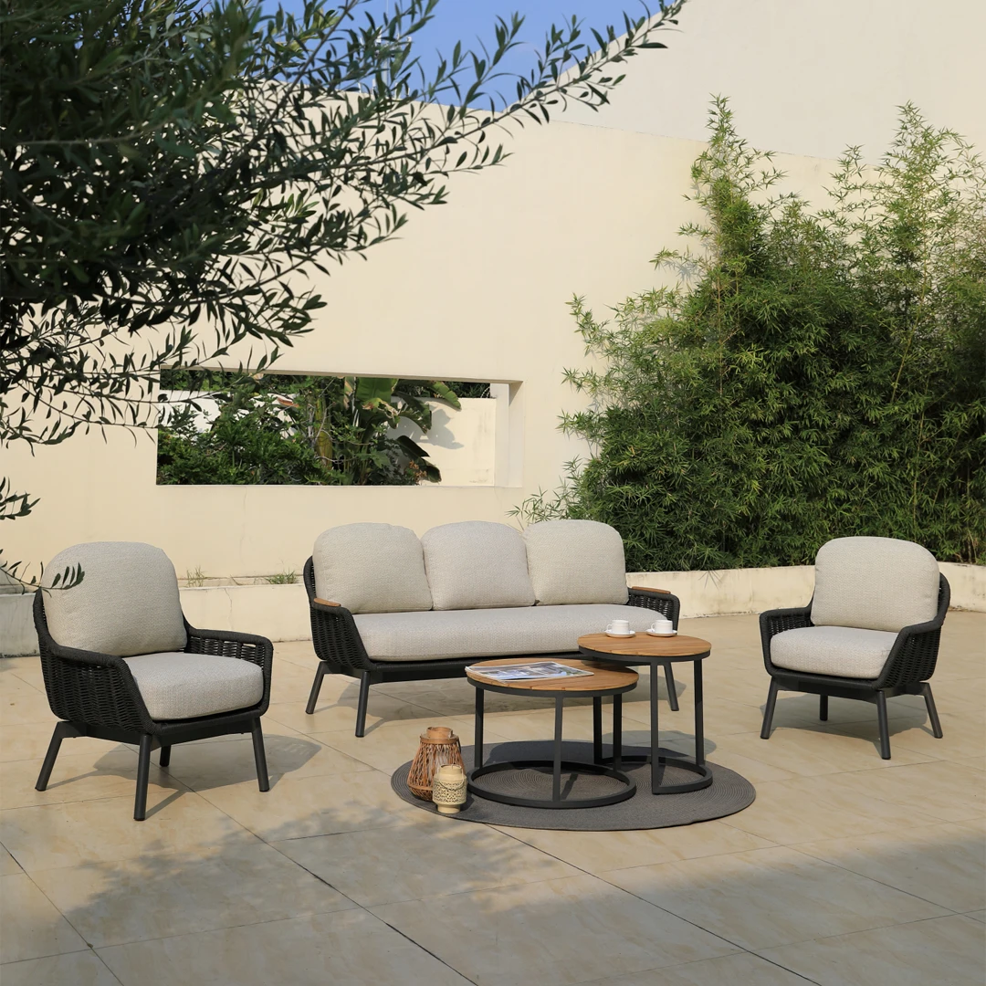 di- Aluminum Rattan 5pcs Patio Sofa Set with Solid Teak Coffee Table, Waterproof Outdoor Garden Furniture