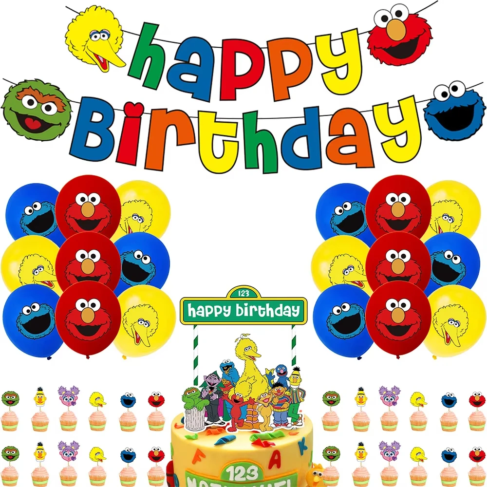 Geburtstagsballon-Partydekoration, Sesamstraßen-Thema, Teller, Kuchenaufsätze, Banner für Kindergeburtstag, Partyzubehör, Babyparty – Detail 19