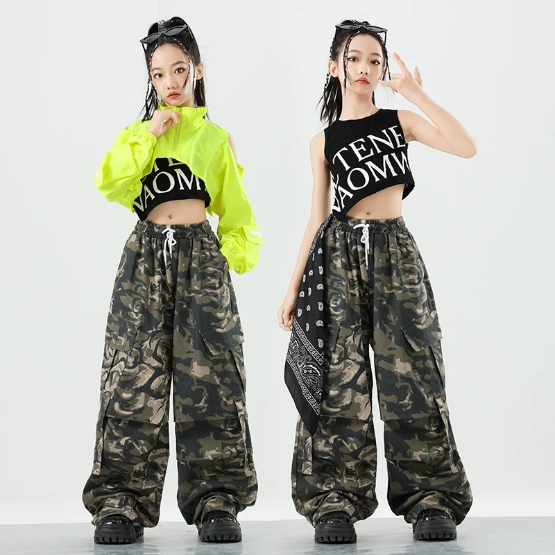 

Fashion Street Dance Suit Kids Cool Hip Hop Clothing Green Top Camouflage Pants Girls Jazz Dance Costume Kpop Outfits SL12665