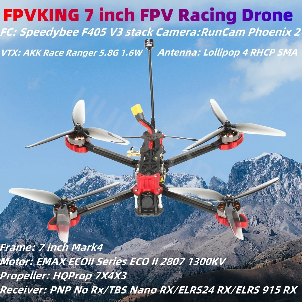 

FPVKING MARK4 7 inch FPV Race Drone VTX 5.8G 1.6W Speedybee F405V3 FC 2807 1300KV Motor RunCam Phoenix 2 SP Camera RX TBS Nano