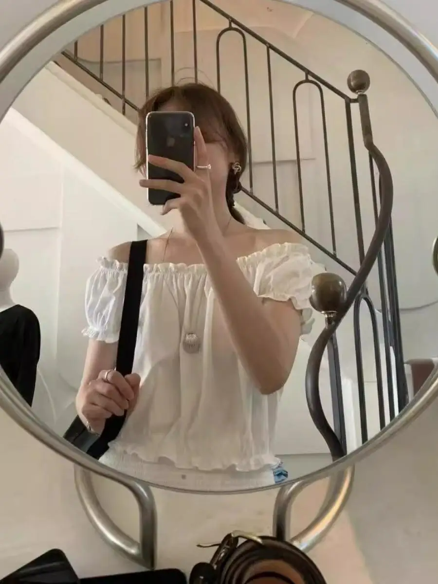 

Korean Style Short Sleeve Shirt Women's Short Top Wooden Ear Fashion Summer 2026 Loose Fit Cotton Bubble Sleeve Slimming...