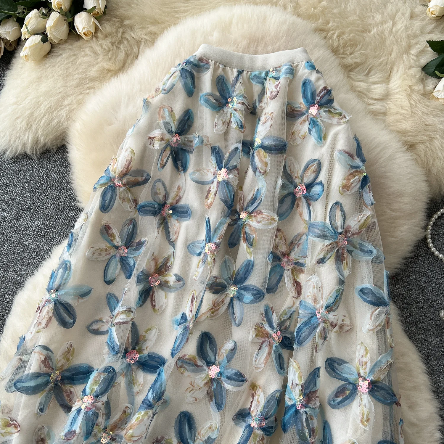 Autumn Winter Flower Embroidery Sequin Mesh Midi Skirts Women 2026 Korean Style Fashion Elegant High Waist Faldas