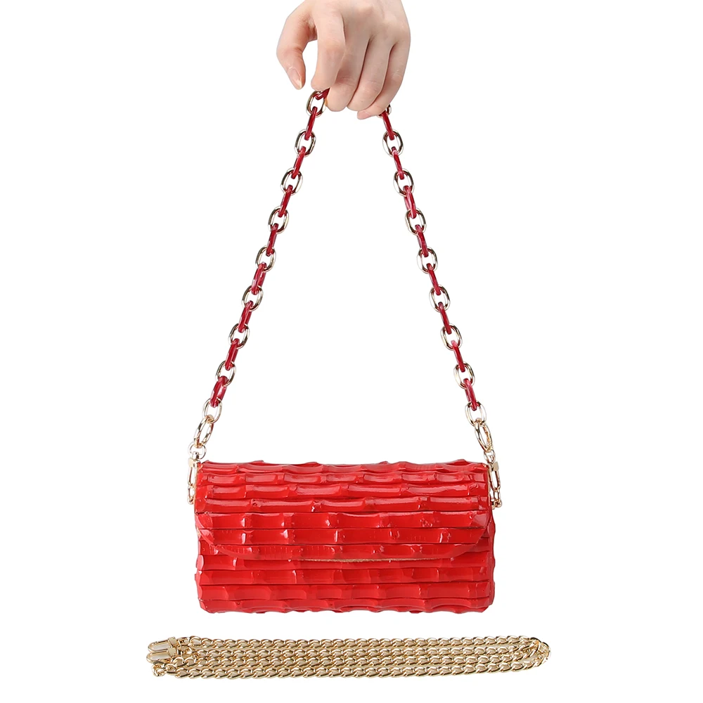 Nilerun Luxury Fashion Hand Made Red Real Bamboo Root Chain Purse Handbag Crossbody Messenger Evening Bag Shoulder Bag for Women