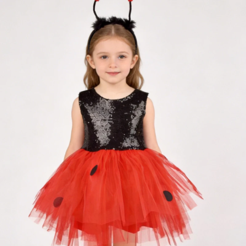 New Lovely Ladybug Costume Dress for Girls Kids Halloween Cosplay Outfit Cute Party Dress Up Three Piece Set for Toddler Baby