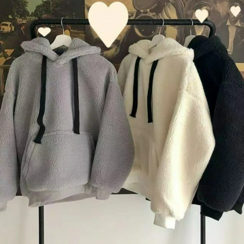 Nueva Sudadera con capucha de piel de cordero de imitación a la moda para mujer, ropa sencilla coreana para parejas, Top holgado con capucha gruesa Unisex 2026