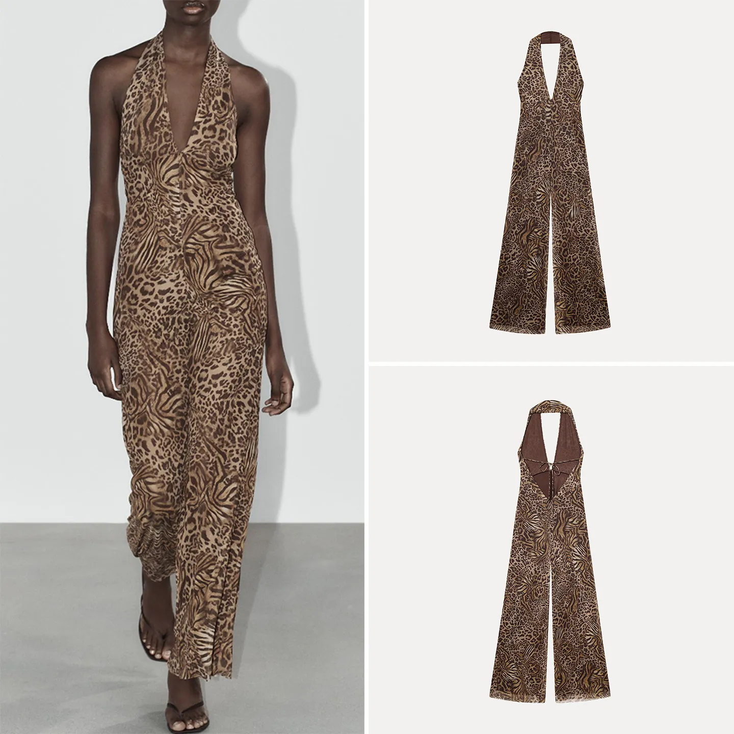 Zadata High Waist Straight Leg Jumpsuit Neck Hanging Print Animal Pattern Women's Autumn New Style Commute Style High Waist