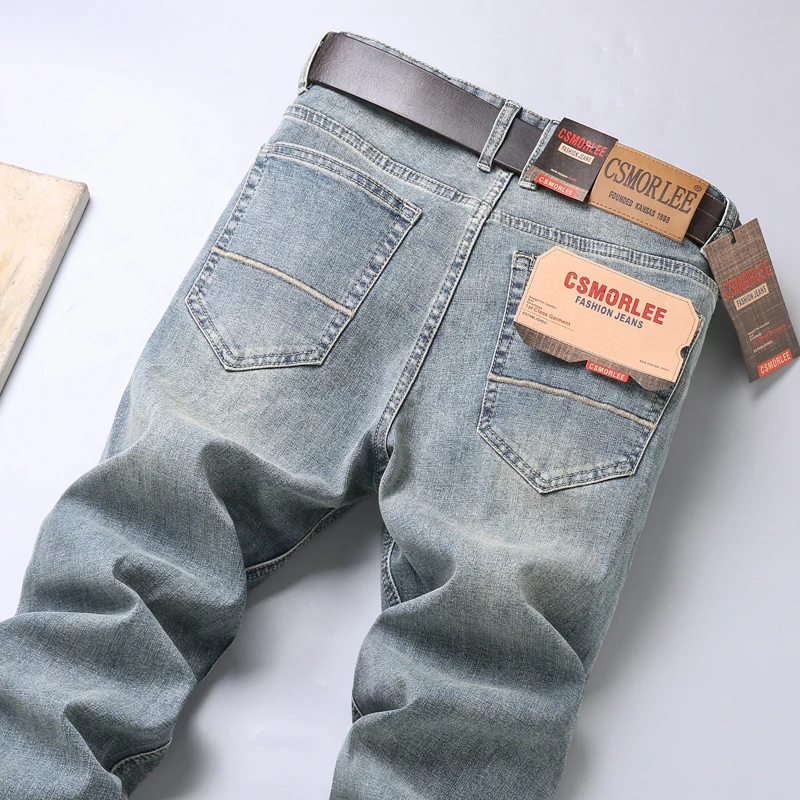 Jeans lavati blu retrò abbigliamento quotidiano da uomo Office Business semplicità pantaloni lunghi da uomo elasticizzati dritti larghi