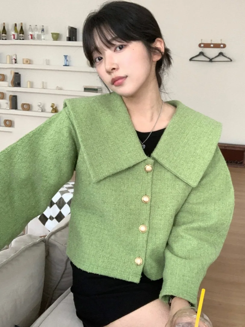 

Корейский Sle Freeny с большим воротником Thi Tweed ort Jaet, женский милый модный топ с антивозрастным дизайном