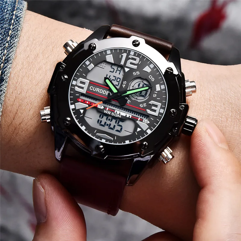 Men Big Brand Chronograph Watch Fashion Leather Band Dual Time Alarm Multi-function Sports Military Watches Relogio Masculino