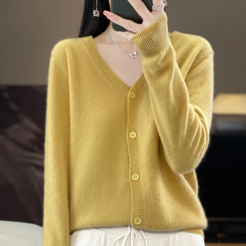 Autumn And Winter New Women\'s Clothing V-neck Knit Cardigan Women\'s High Quality Solid Color Cardigan Sweater NJR-415