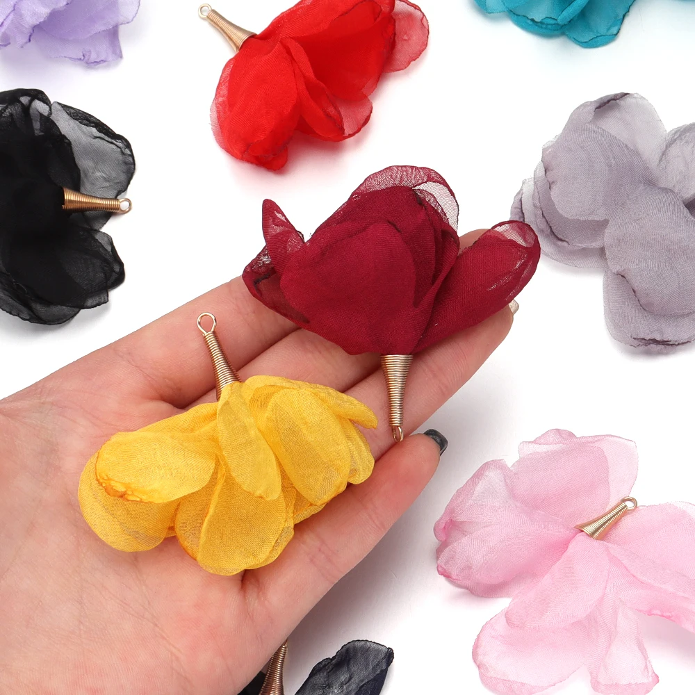 

10pcs/lot Colorful Chiffon Flower Pendants 5cm Fabric Flower Tassel Pendant Earrings For DIY Keychain Jewelry Making Accessories