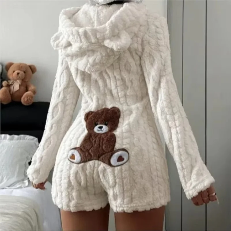 Autumn Winter Plush Embroidered Cartoon Bear Hooded Jumpsuit Women's Casual Fashion Zip Long Sleeve Warm Sleepwear Loungewear