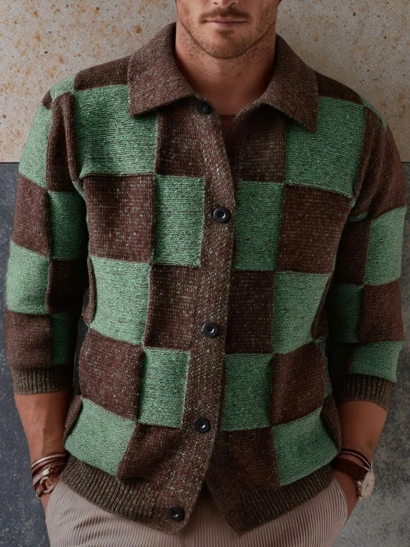 

American Sle Plaid Color Blo Long Sve Knitted Sweater Coat Men's Casual Faion Polyester Fiber Youth Winter Jaet