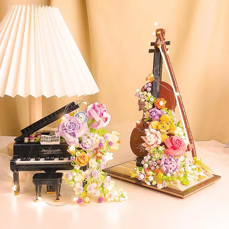 950PCS/841PCS Flowers Piano And Flowers Violin Building Block Desktop Puzzle Blocks Ornaments Toys For Kids Adults Birthday Gift