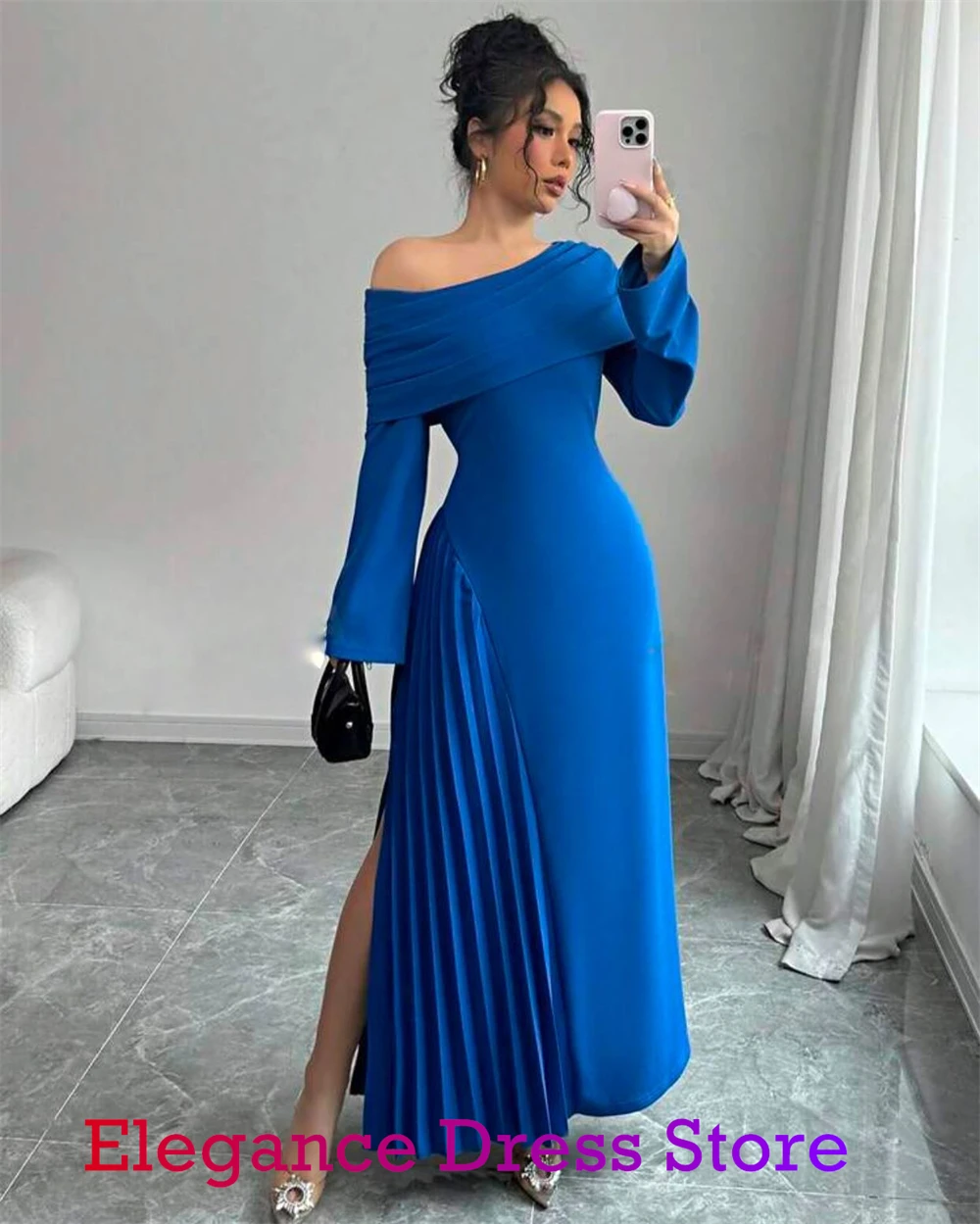 Aangepaste eenvoudige blauwe jersey avondjurk elegante één schouder lange mouwen homecoming jurken klassieke vestido de festa