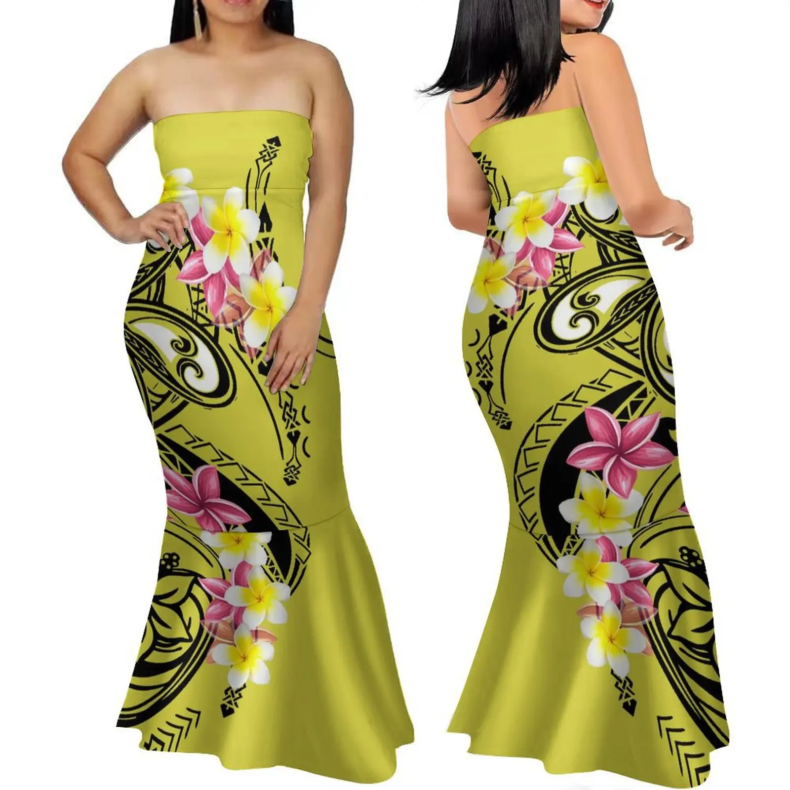 Women'S Dress Polynesian Strapless Maxi Mermaid Skirt Custom Hibiscus Flower Design Summer Quality Fabric