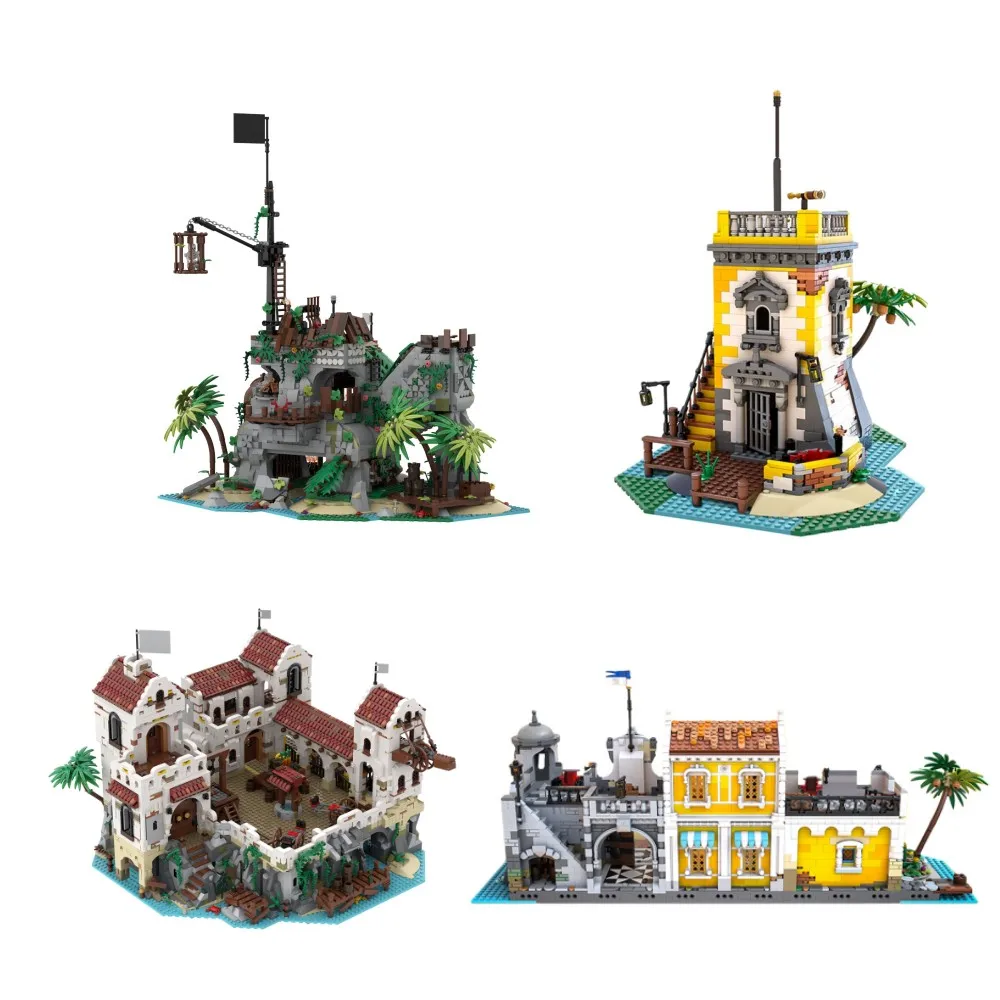 BuildMOC 21322 Eldorados Fortressed Pirates of Barracudaed Bay Set Building Blocks Port Town Assemble Model Idea Toys for kids