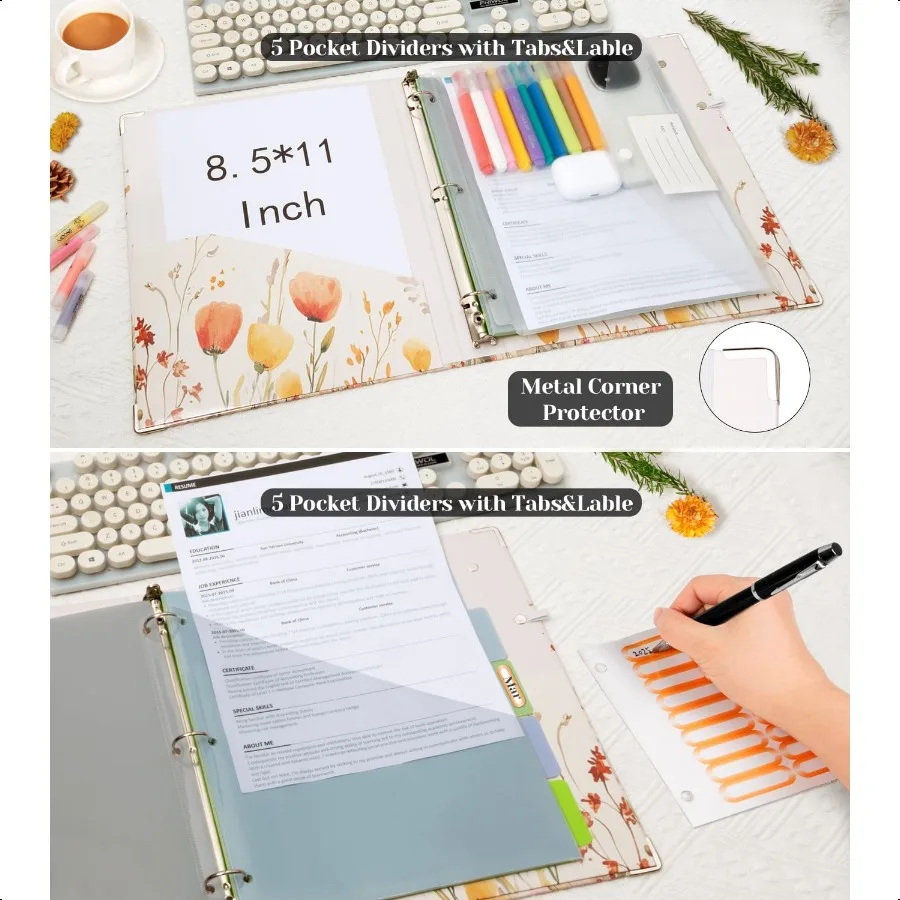 3 حلقات 1 بوصة منظم ثلاثة مجلدات حلقية مع حافظة 5 علامات جيوب فواصل مجلد بلاستيكي 18 مقسم ملصقات قلم L