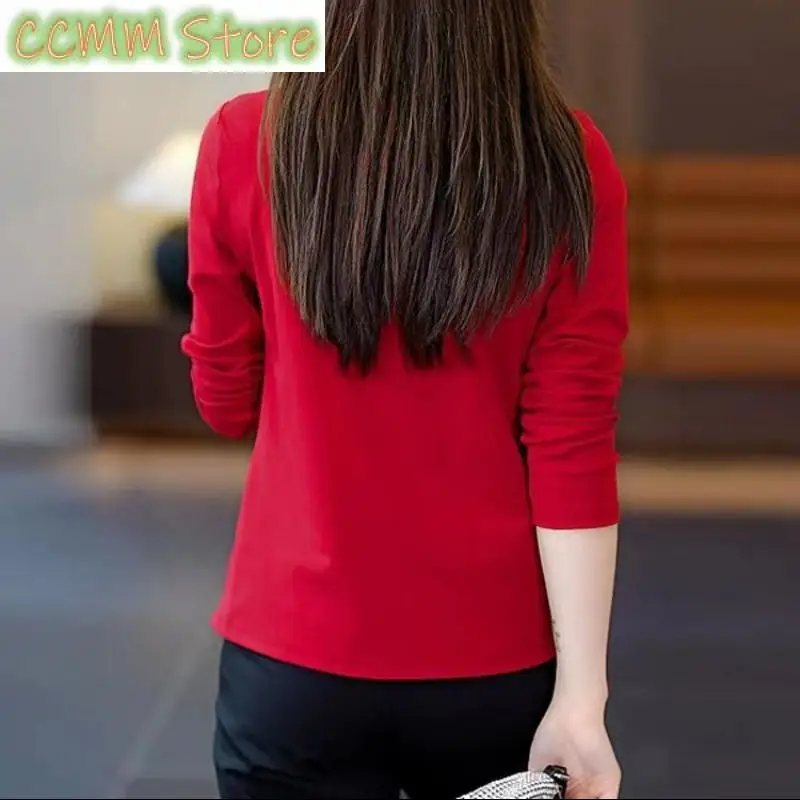 2023 Chinese Style Autumn Long Sleeve T-shirt Women Solid Polo Neck Irregular Button Fashion Simple Ladies Temperament Top