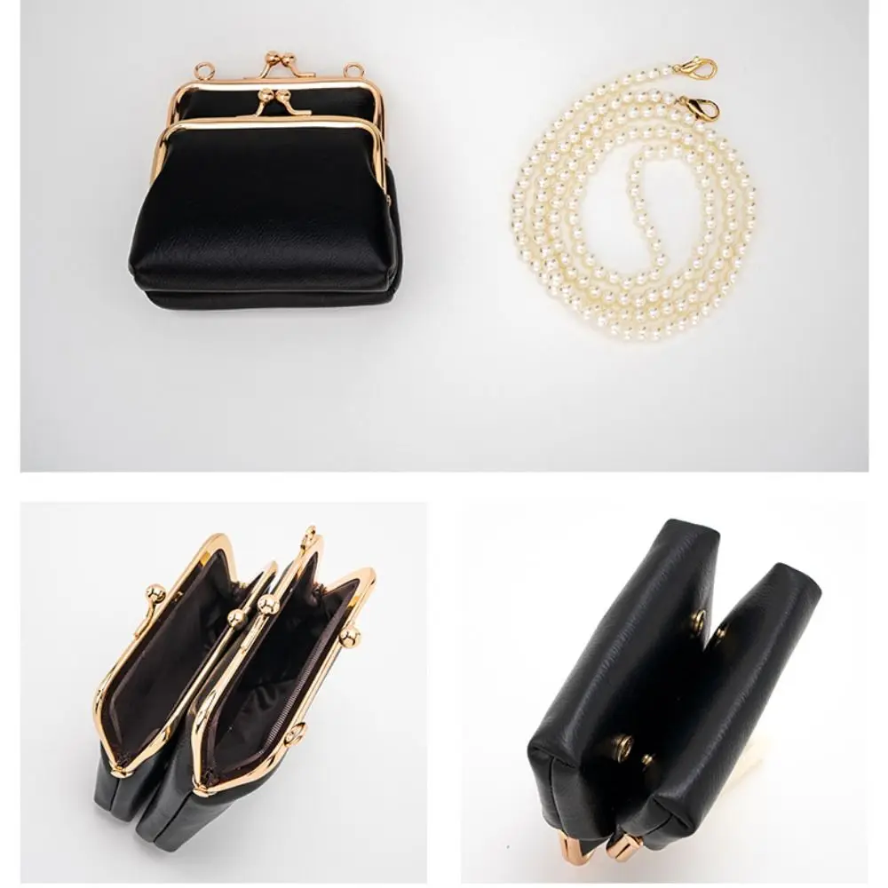 Double Layer Mini Crossbody Bag Pearl Chain Clip Frame Kiss Lock Purse PU Leather Detachable Strap Small Purse For Dating Gift