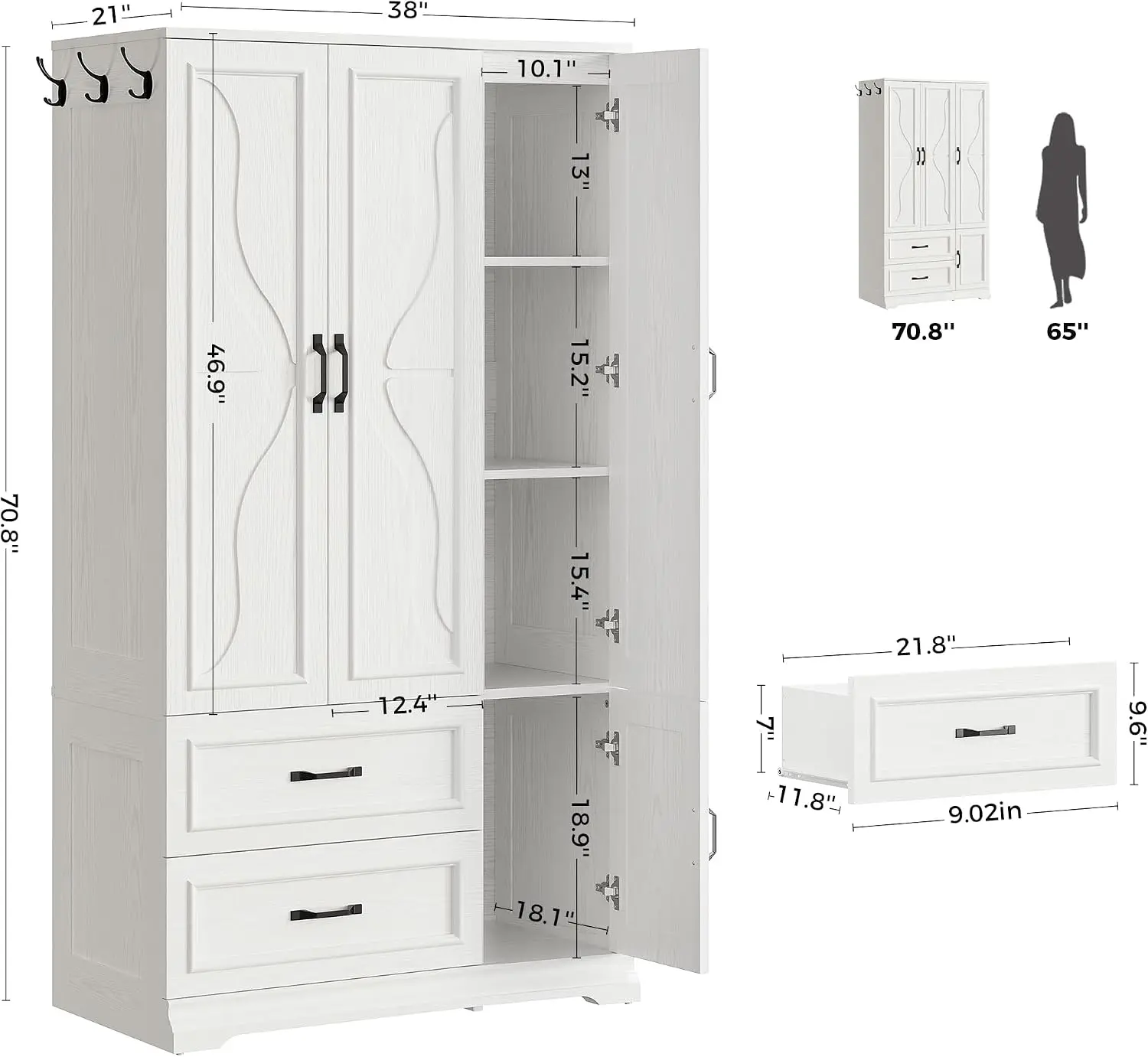 Wardrobe Armoire Storage Cabinet Four Doors Drawers White