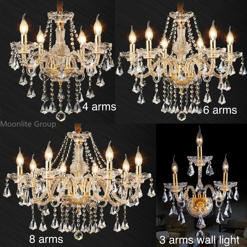 Clear Crystal Golden Chandeliers Multi 4/6/8/10/15/18 Arms Optional Lustres De Cristal Chandelier  Wall Lamp LED E14 Lustre