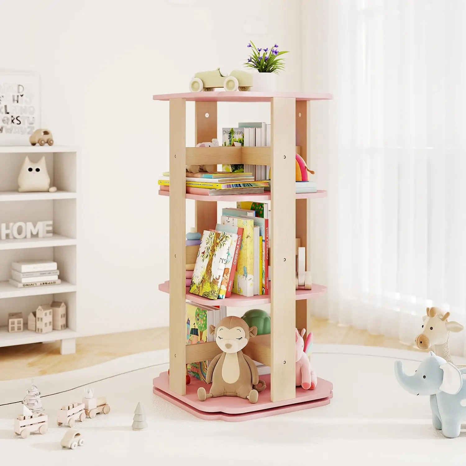 360 Spinning 3Tier Corner Bookshelf Small Space 12 Sectors Floor Standing Bookcase Storage Rack Wooden Narrow Bookcase Kids Room