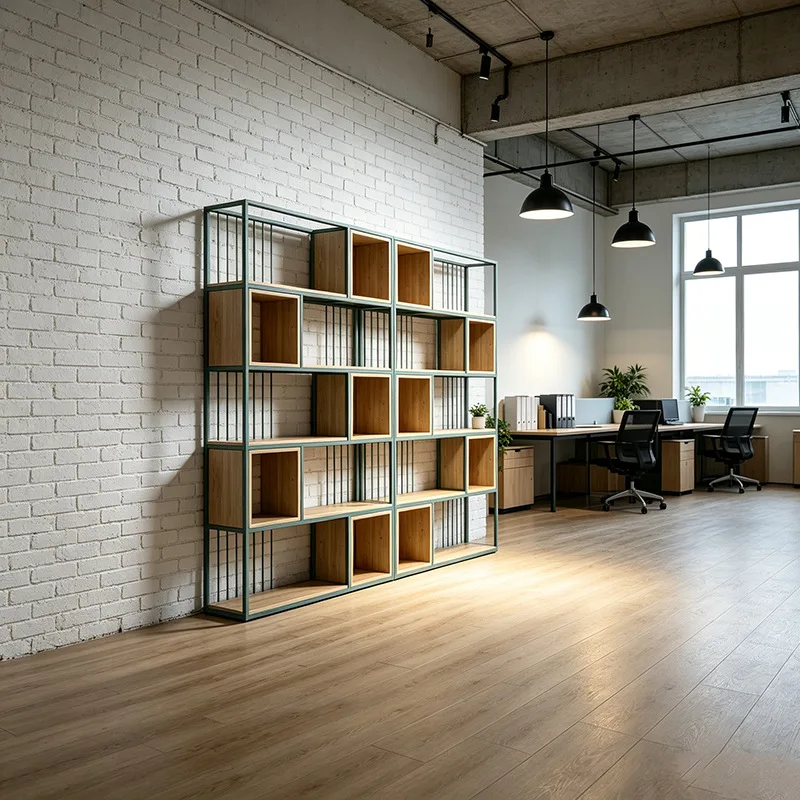 Living room floor-to-ceiling bookshelf green wrought iron shelf simple office study whole wall