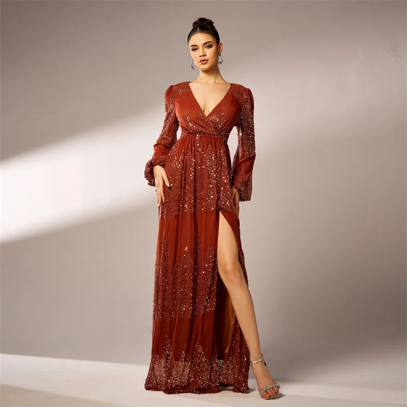 Sequins Deep-V Neck Women's Prom Dress Side Split Pleated Floor Skirt Brown Black High Waist Evening Dress New Arrival In Stock