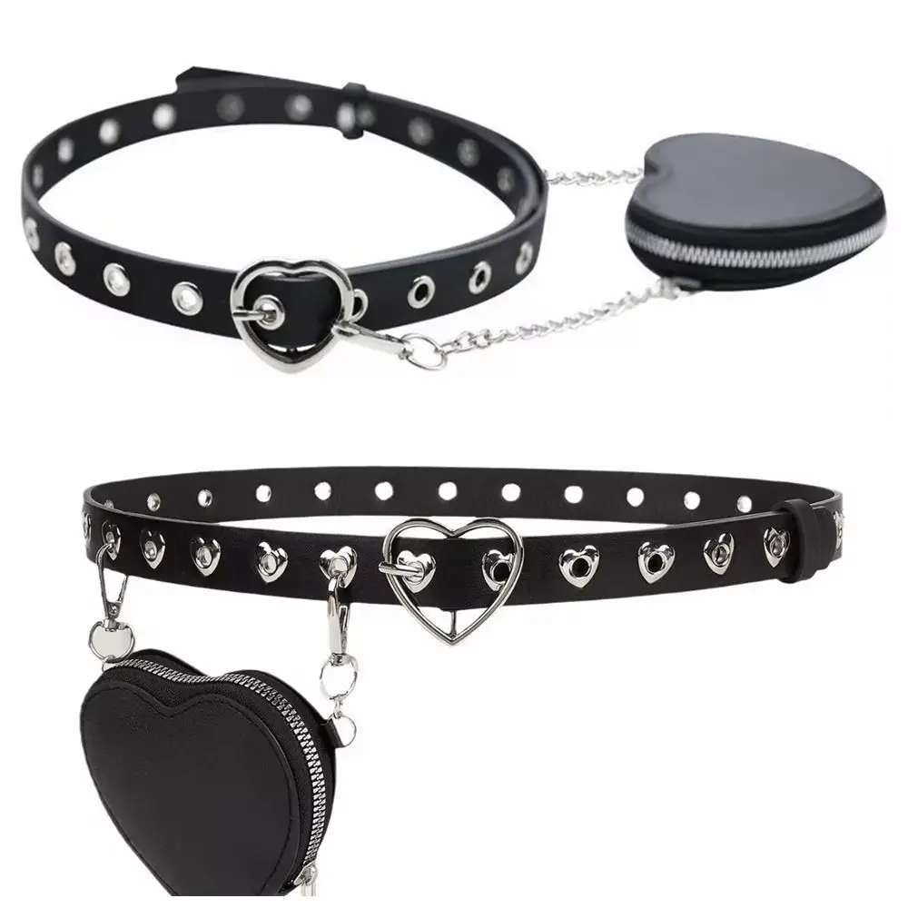 Vintage Heart Metal Buckle PU Leather Waist Bag Adjustable Y2K Love Heart Fanny Packs Gothic Detachable Bag Belt with Bag Daily